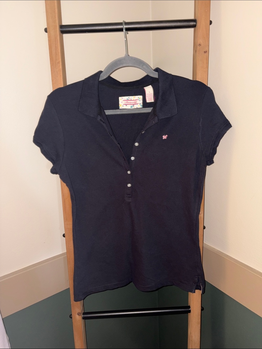 Vintage Y2K Aeropostale Navy Polo with Pink Embroidered Butterfly Size Large